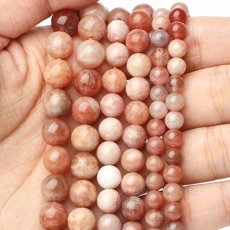 6/8/10mm AA Natural Stone Sunstone Bead Pink Smooth Round Loose Spacer Beads for Jewelry Making Supplier DIY Charm Bracelet 15''
