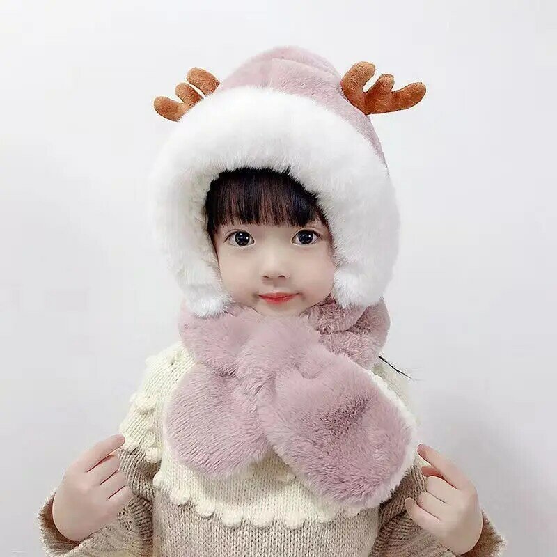 Children's Hat Winter Three-Piece Set Baby Velvet Gloves Super Thick Boys and Girls Warm Hat Scarf Integrated
