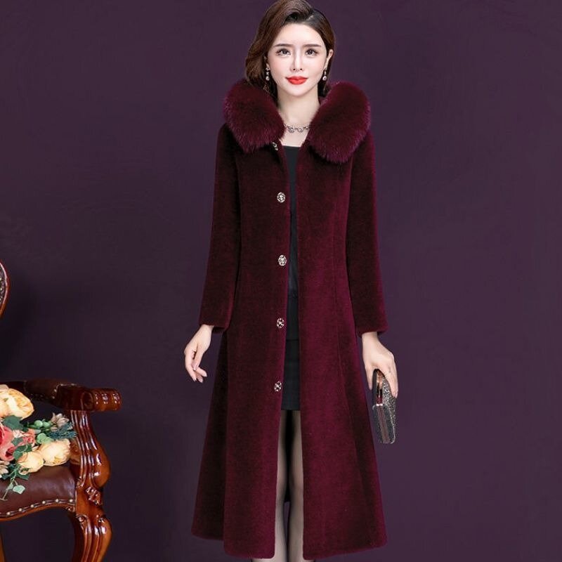 Winter New Women Fox Fur Collar Fur Coat Long Fashion Casual Middle-Aged Mother Wear Large Size Slim Padded Warm Cashmere Parkas