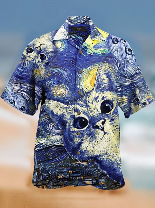 Letni kot Kawaii 3d z nadrukiem koszula hawajska mężczyzn odzież plażowa z krótkim rękawem bluzka chłopiec Casual męska klapa Camisa