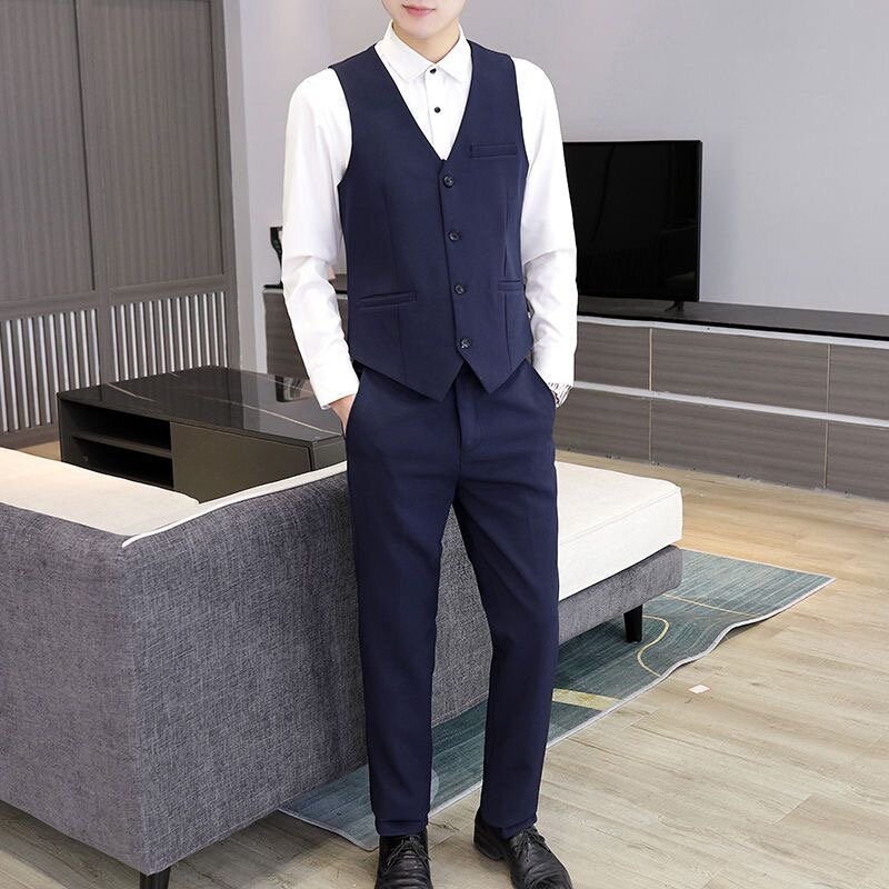 Calças monocromáticas estilo britânico para homens, calças colete para padrinhos, 26