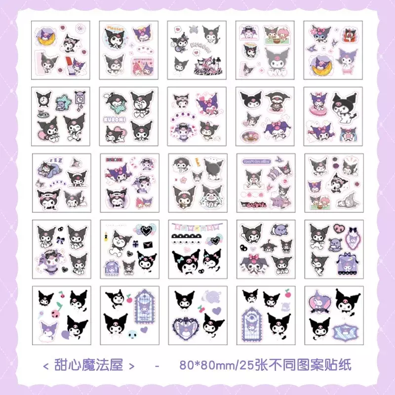 Transparente Sanrio adesivos para crianças, melodia, Kuromi, Cinnamoroll, Hello Kitty, Gudetama DIY, 25pcs