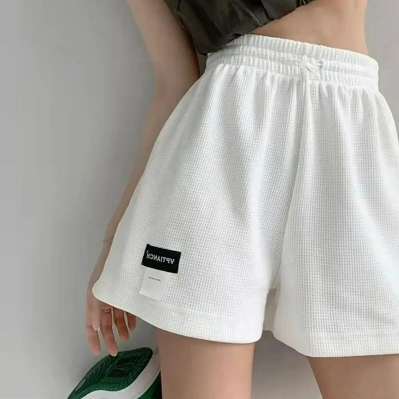 Celana pendek wafel kasual wanita, bawahan olahraga pinggang tinggi elastis pakaian rumah Lurus musim panas
