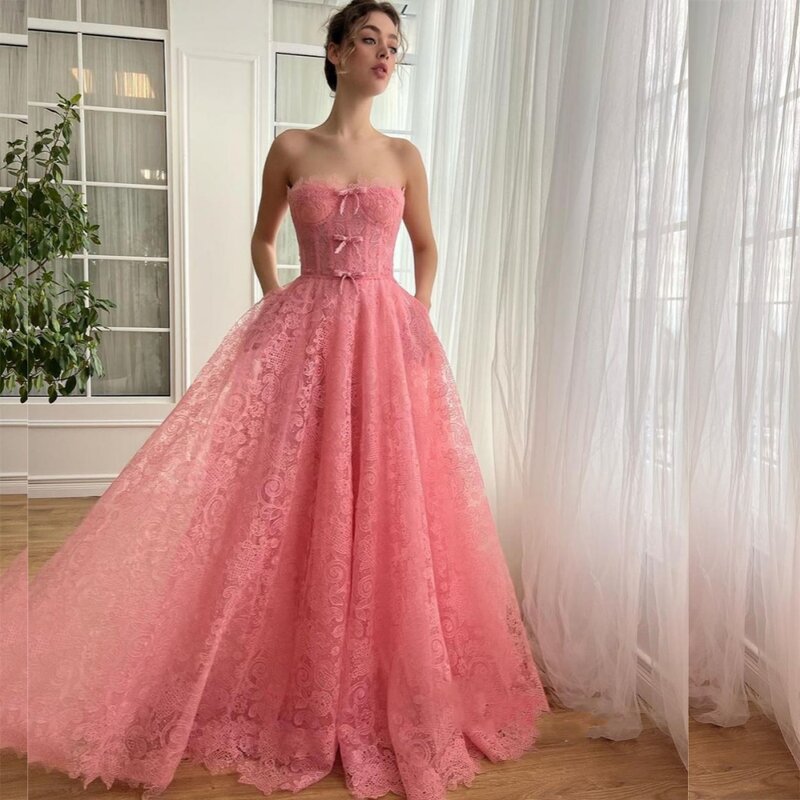 Prom Dress Evening   Lace Bow Draped Valentine's Day Ball Gown Strapless Bespoke Occasion Long es Saudi Arabia