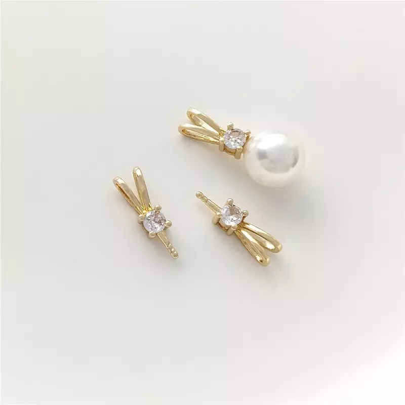 Soporte de perla colgante chapado en oro de 14K, accesorio de estilo conejo de doble oreja con aguja que se pega, medio agujero