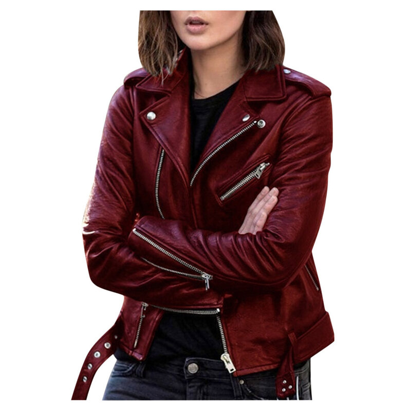 Женская Короткая кожаная куртка, приталенная мотоциклетная куртка из искусственной кожи с скошенной молнией и заклепками, весна 2024