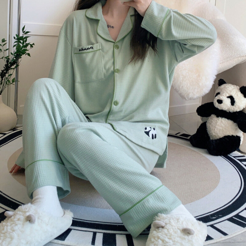 2 peça feminina conjunto de pijama feminino carttoon pijamas 100% algodão manga comprida lapela camisa calças terno pijamas homewear