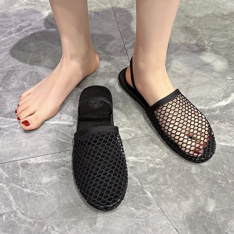 Sandálias romanas de malha oca para mulheres, tecelagem pequena, cabeça redonda, plana Baotou Drag, Europa e Estados Unidos, nova moda