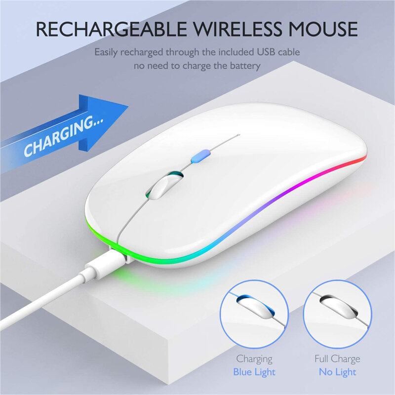 Mouse Ergonômico LED sem Fio com Luz de Fundo, USB Recarregável, Compatível com Bluetooth, RGB, Silencioso, Laptop, PC, iPad