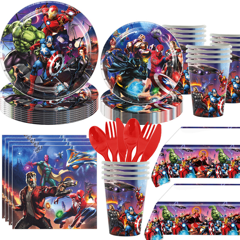 Новинка, украшения для дня рождения Disney, Мстители, чашки с супергероями, тарелки, воздушные шары, одноразовая посуда, товары для детского душа