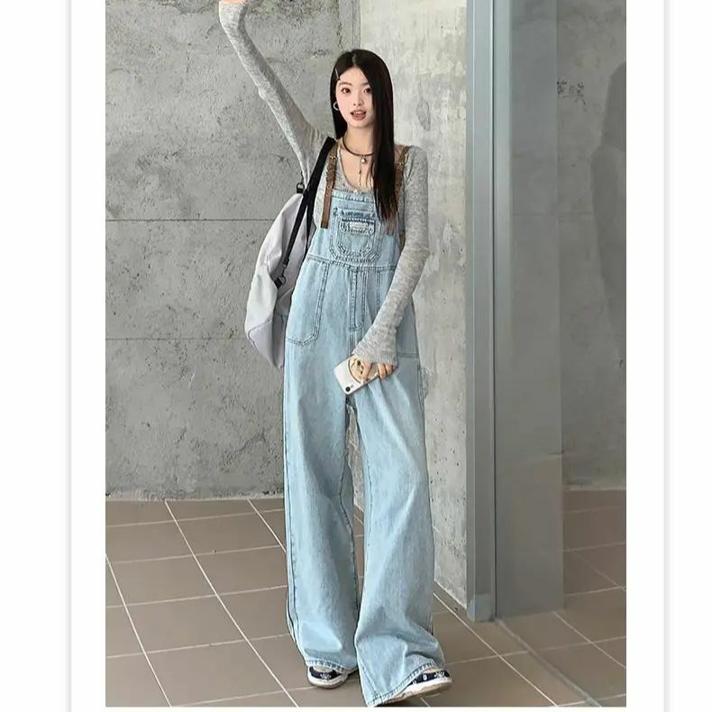 Kombinezon Retro Jeans kobiety luźne 2024 letnie styl Preppy niebieski i czarny spodnie z szerokimi nogawkami koreańskie Casual denimowe fartuchy kobiet