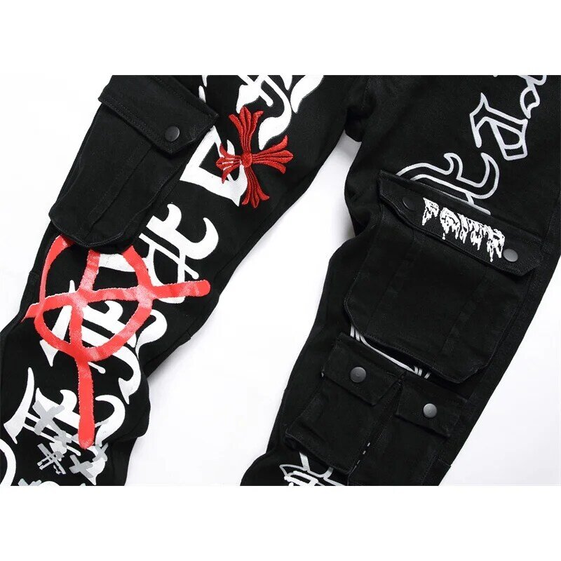 Pantalones vaqueros personalizados negros para hombre, ropa de trabajo de moda de estilo japonés, pantalones ajustados de retazos con múltiples bolsillos