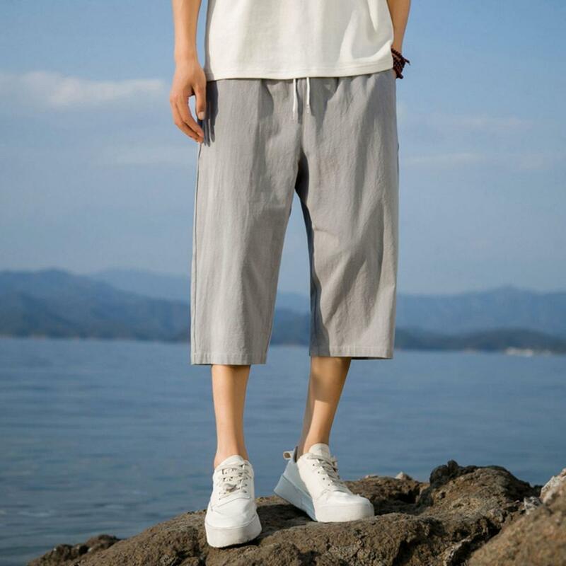Solid Color Men Trousers Versatile Men's Summer Sweatpants Comfortable Loose Fit Convenient Side Pockets Elastic Waist for Gym