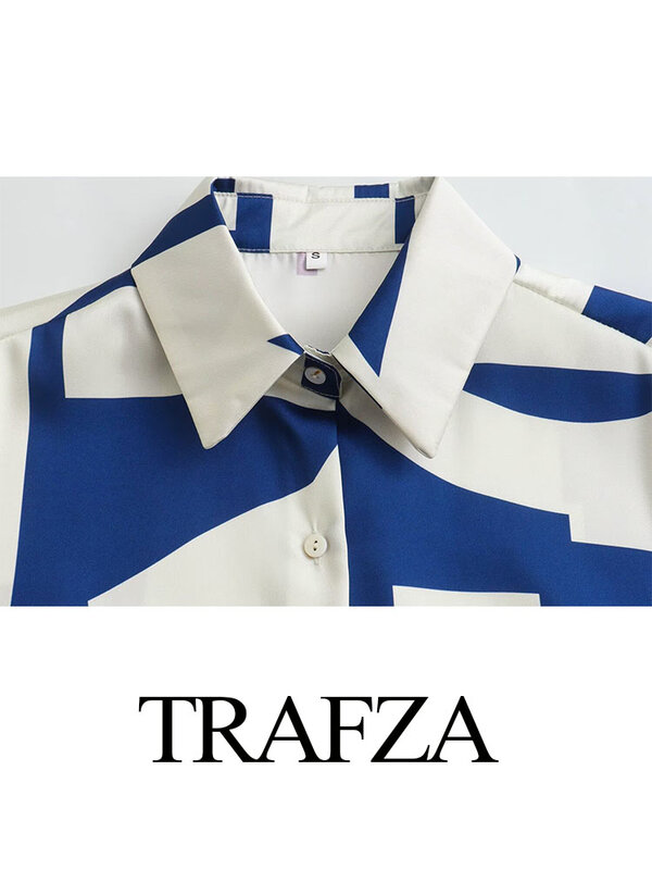 TRAFZA 여성용 용수철 정장, 기하학적 턴다운 칼라, 긴팔, 싱글 브레스트 셔츠, 신축성 있는 허리, 레이스업 바지, 트렌디한 2024