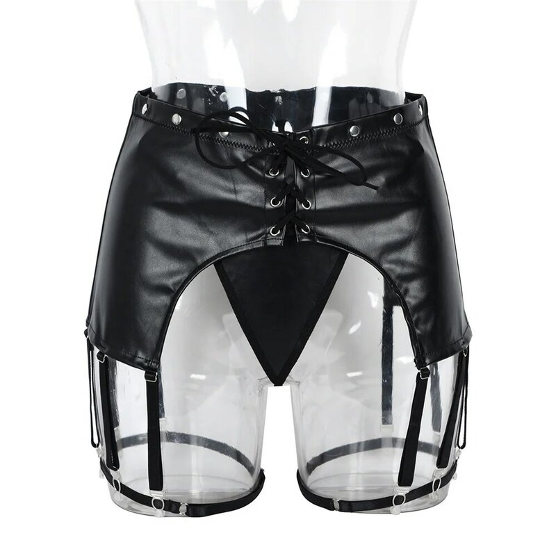Womens Sexy Lingerie Set Black Faux Leather Garter Belt High Waist Panties Lace-up Zipper Garters Leg Ring Erotic Underwear Suit