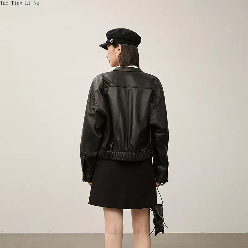 2023 женская куртка из натуральной овечьей кожи с маленьким круглым воротником, свободная кожаная куртка W37