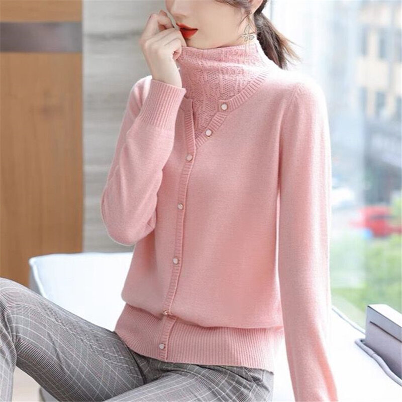 Elegant Chic Buttons Half High Collar Patchwork Knitted Sweater Women Autumn Winter Fashion Slim Long Sleeve Pullover Top Female