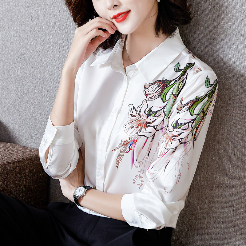Korean Silk Women Shirts Woman Satin Blouses Tops Women Long Sleeve Shirts Woman Satin Silk Shirt Blusas Mujer De Moda 2022 XXL