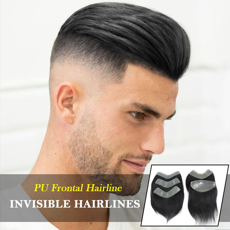 15cm rambut palsu lurus warna hitam berkepadatan tinggi gaya V garis rambut depan untuk pria kulit PU prostesis kapiler
