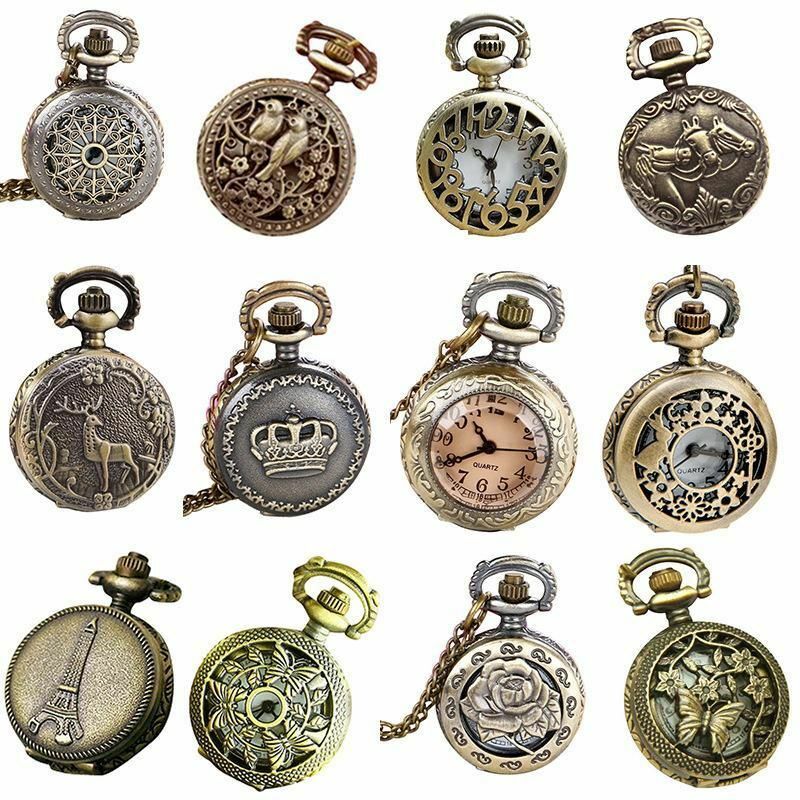 Relógio de quartzo Steampunk com corrente masculino, relógio de bolso vintage pequeno, colar coração oco, cor bronze, relógio fob de liga, presente
