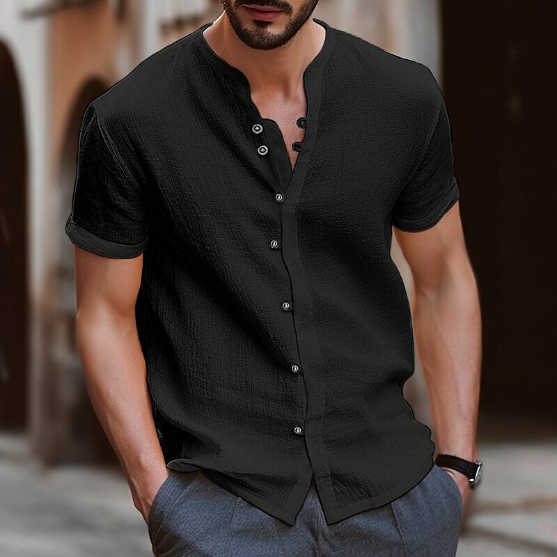 Kaus lengan pendek leher V pria, t-shirt katun Linen 7 kancing, pakaian kasual populer untuk pria