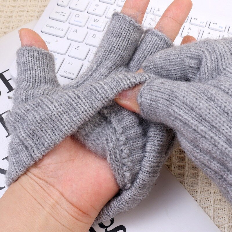 Зимние перчатки на полпальца унисекс, вязаные эластичные теплые перчатки без пальцев на запястье для мужчин и женщин, однотонные короткие утепленные уличные варежки