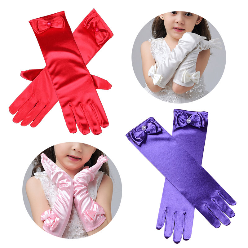Children Gloves Dance Party Performance Stage Accessories Princess Long Tube Satin Full Finger Gloves Girl Elegant Mittens
