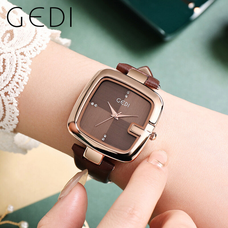 GEDI Fashin Women Square Watches Minimalist Waterproof Quartz Ladies Clock Brown Leather Strap Casual Simple Female Wrist Watch