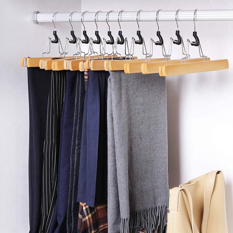 1 Set of 10 Trouser Clamp Hanger Solid Wood Anti-Slip Felt Hook Pant Skirt Hangers Natural
