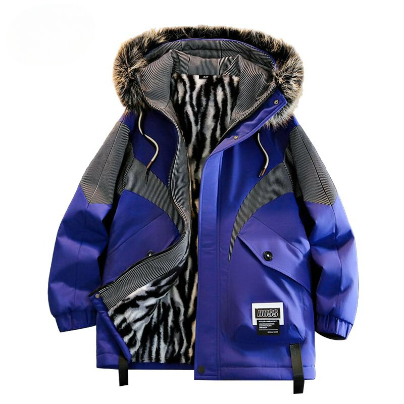 Men Jacket Winter Fleece-lined Thicken Big Fur Collar Parka Teen Warm Hooded Trendy Casual Outwear Male Large Size Casual Coat