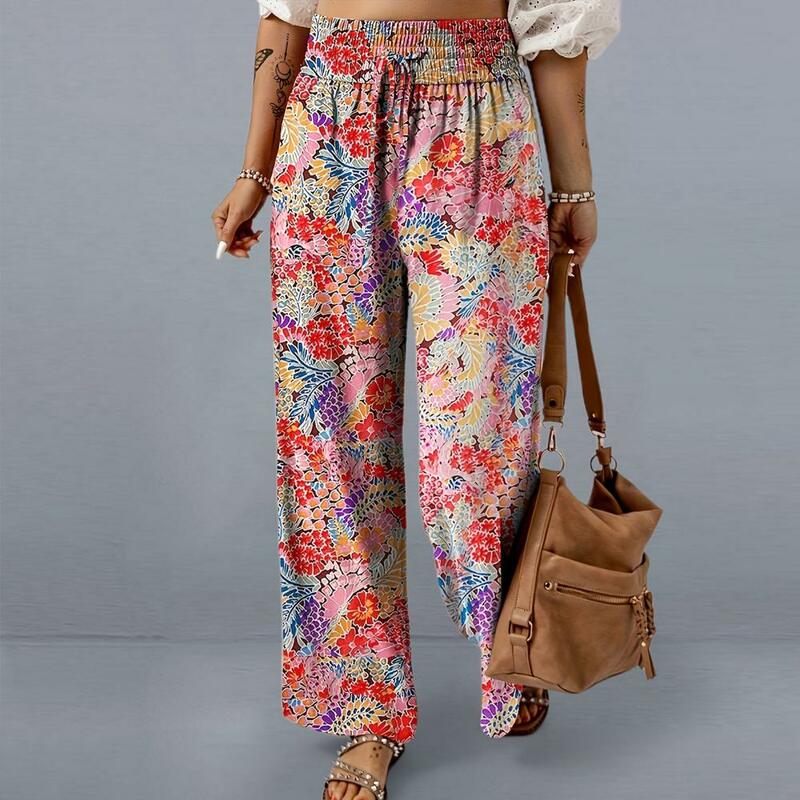 Printed Trousers Women Wide-leg Pants Floral Print High Waist Wide Leg Pants with Adjustable Tie Pockets for Women Trousers