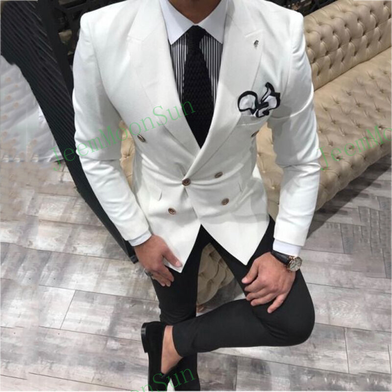 New Double Breasted Mens Wedding Suits 2023 Peak Lapel Slim Fit Custom Made 2 Pieces Groom Wear Suits Blazer Pants Costume Homme
