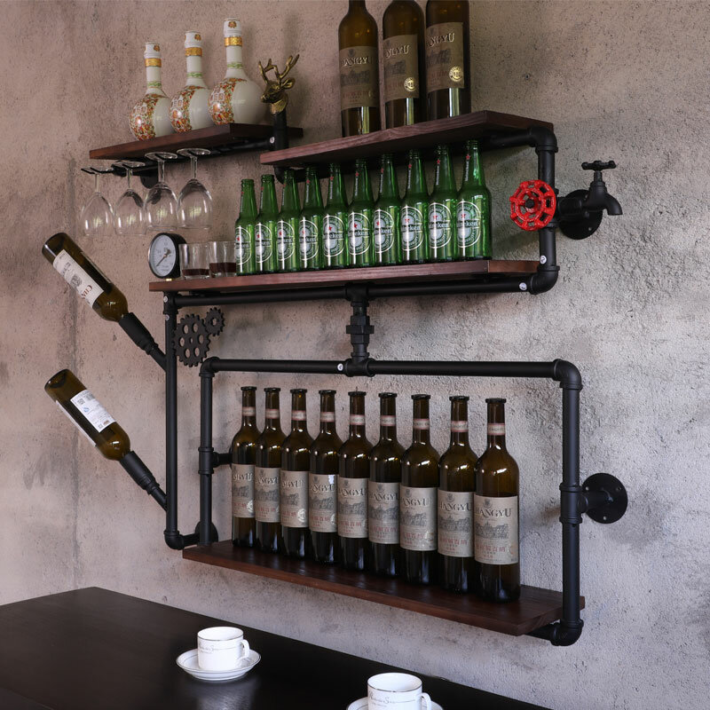 Toko Kopi lemari anggur bar rak anggur loteng retro gaya industri rak dinding besi kayu padat pipa gantung dinding