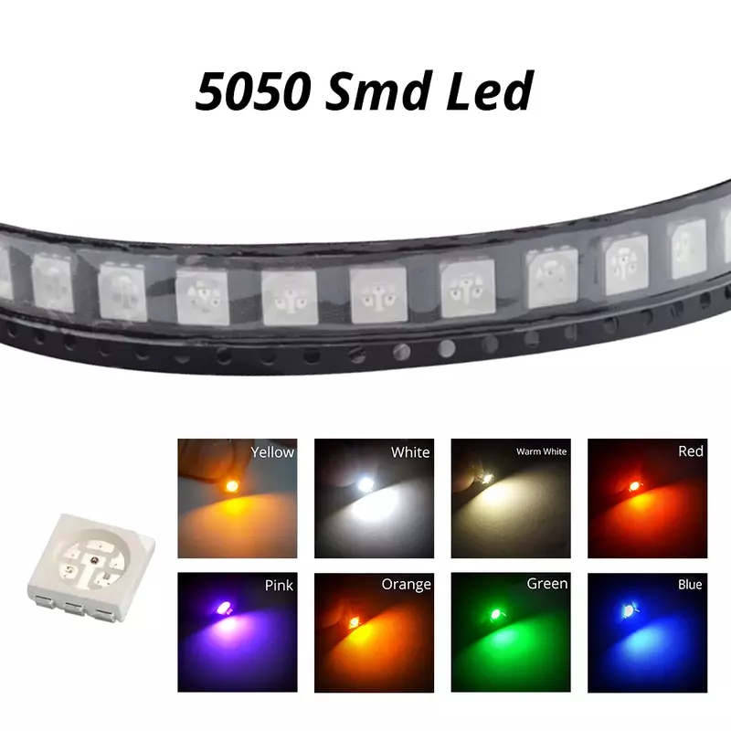 100ชิ้น5050สีขาวสีแดงสีฟ้าสีชมพู RGB SMD SMT 60mA 3V 3-chips 10-12lm 6000-6500K หลอดไฟ LED สว่าง Plcc-6หลอดไฟไดโอดเปล่งแสง