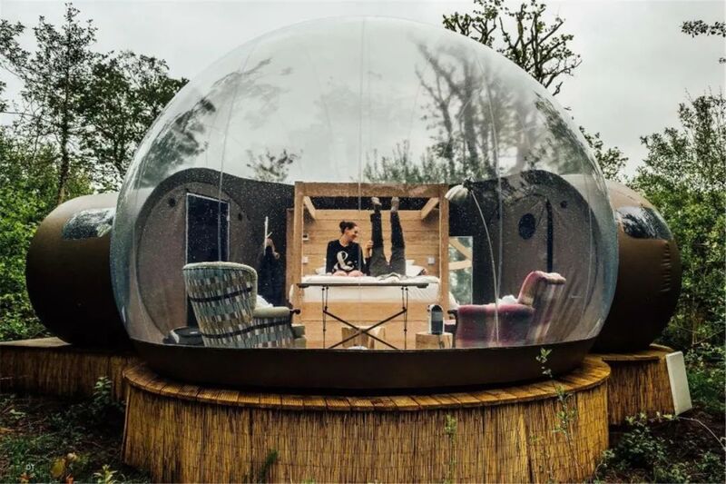 Barraca inflável transparente da bolha Esférica Clear House Cabine de jardim Cúpula de céu estrelado com ventilador livre Acampamento ao ar livre