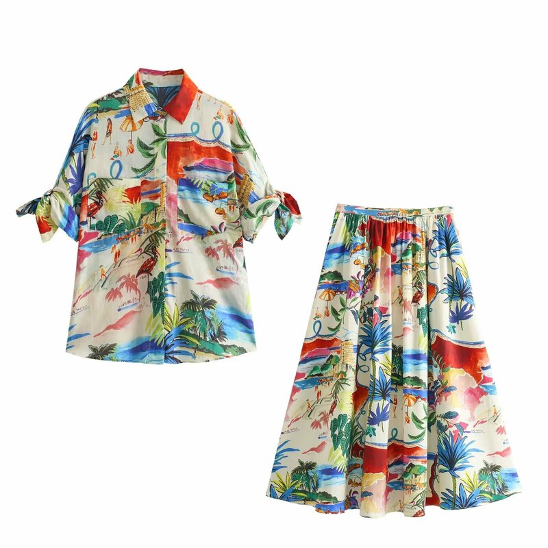 Women's new fashionable vacation style printed shirt long skirt