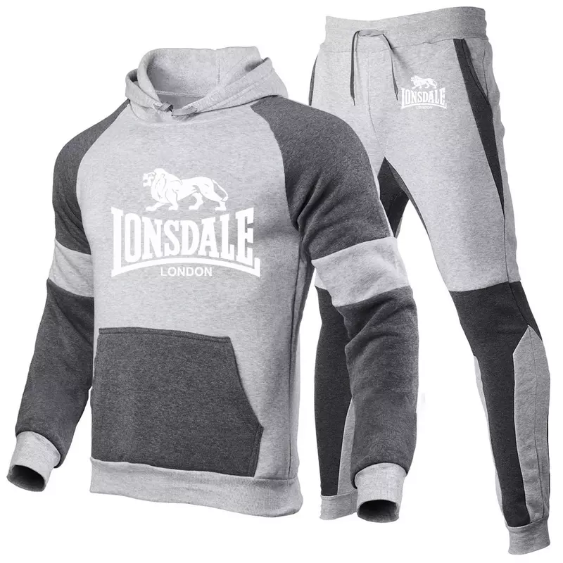 Lonsdale Set pakaian olahraga pria, Sweatshirt Pullover kebugaran dua potong, baju olahraga kasual pria baru musim semi 2024