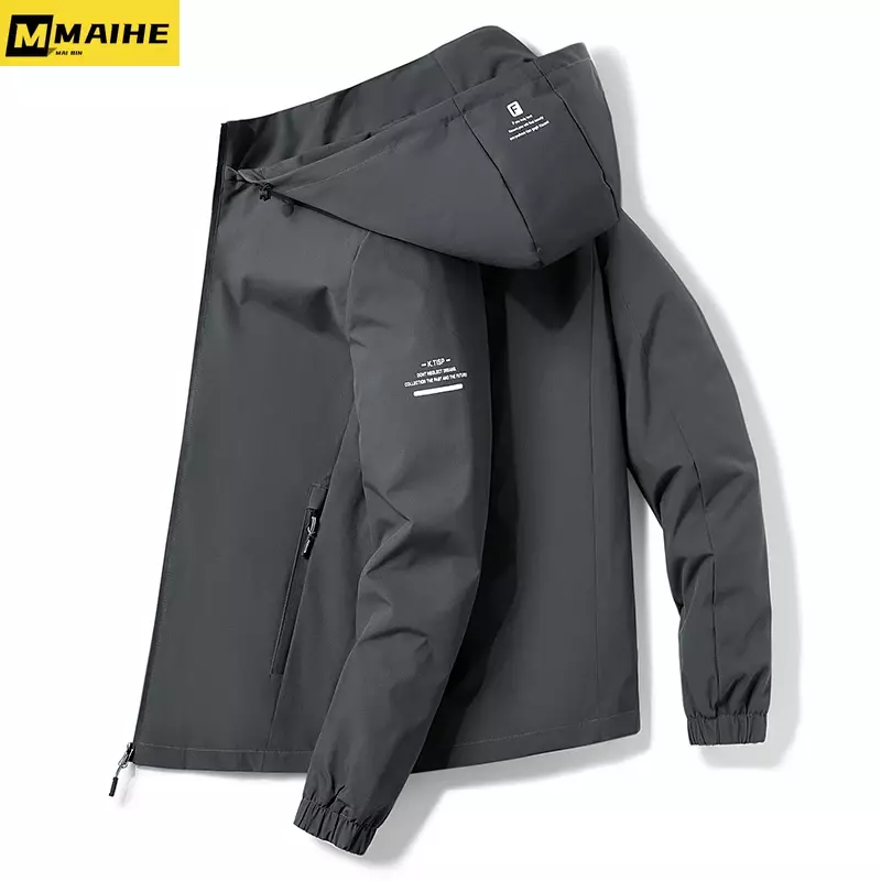 Mantel bertudung untuk pria, mantel windbreaker ritsleting musim semi musim gugur pria, jaket Bomber bertudung kasual pakaian luar modis untuk pria 2024