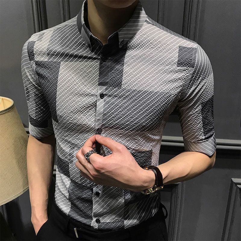 Primavera estate nuovi uomini tre quarti bolla camicia stampa risvolto bottone sottile coreano semplice Design alla moda traspirante lusso sottile Top
