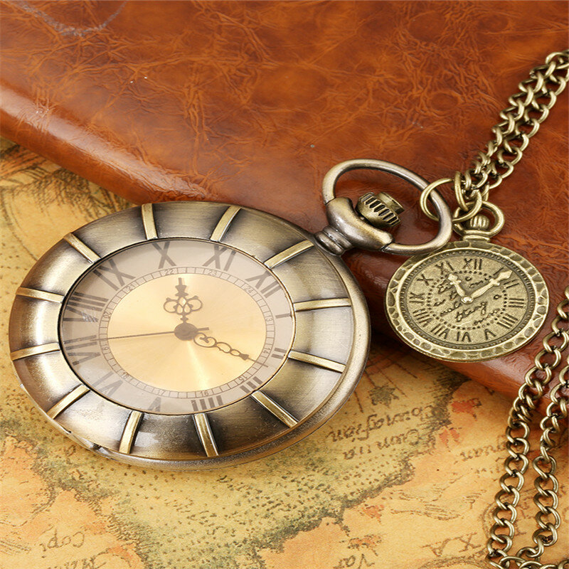 Jam saku perunggu jam tangan pergerakan kuarsa Pria Wanita Dial nomor Romawi jam tangan dengan rantai setengah pemburu liontin jam tangan kompas Reloj