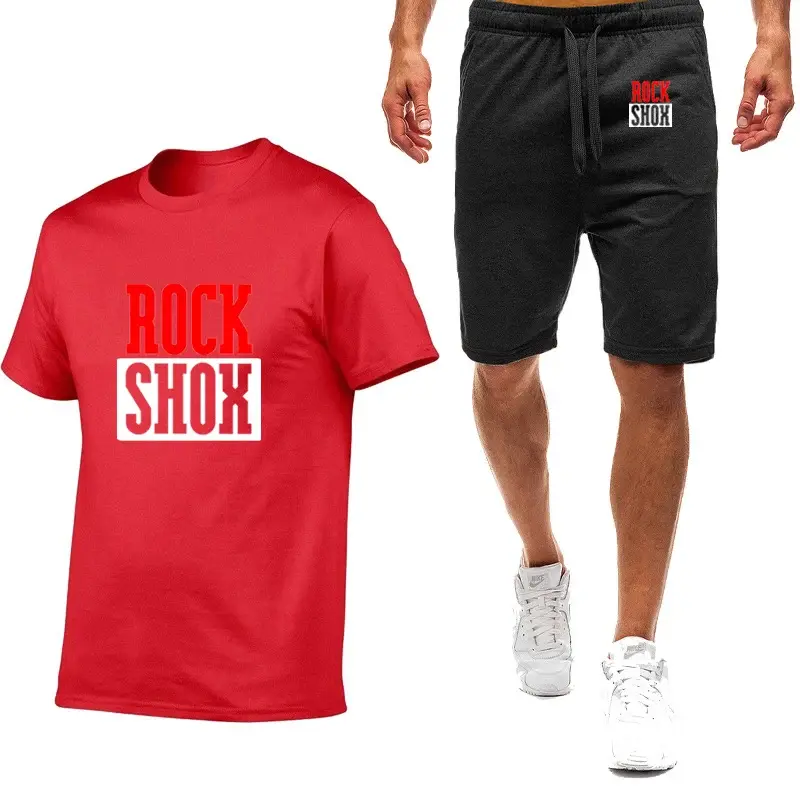 Rock SHOX ชุดสูทลำลองธุรกิจสำหรับผู้ชายชุดเสื้อยืดผ้าฝ้ายแขนสั้นปักลาย + กางเกงกีฬากางเกงขาสั้นสำหรับฤดูร้อน