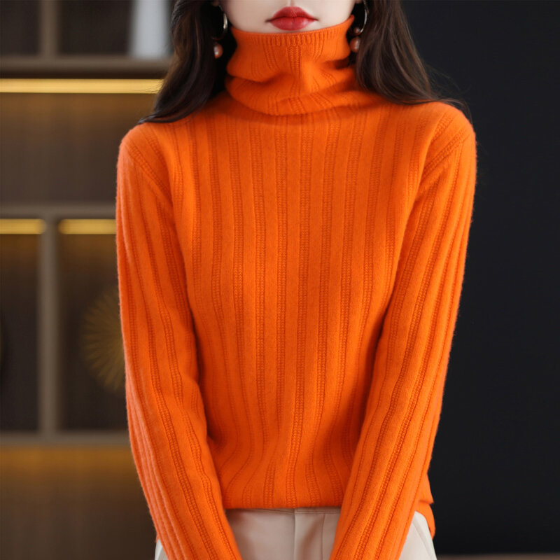 Suéter de lana pura de alta gama para mujer, camisa de fondo de punto de manga larga delgada con cuello de pila de moda, otoño e invierno, 2022