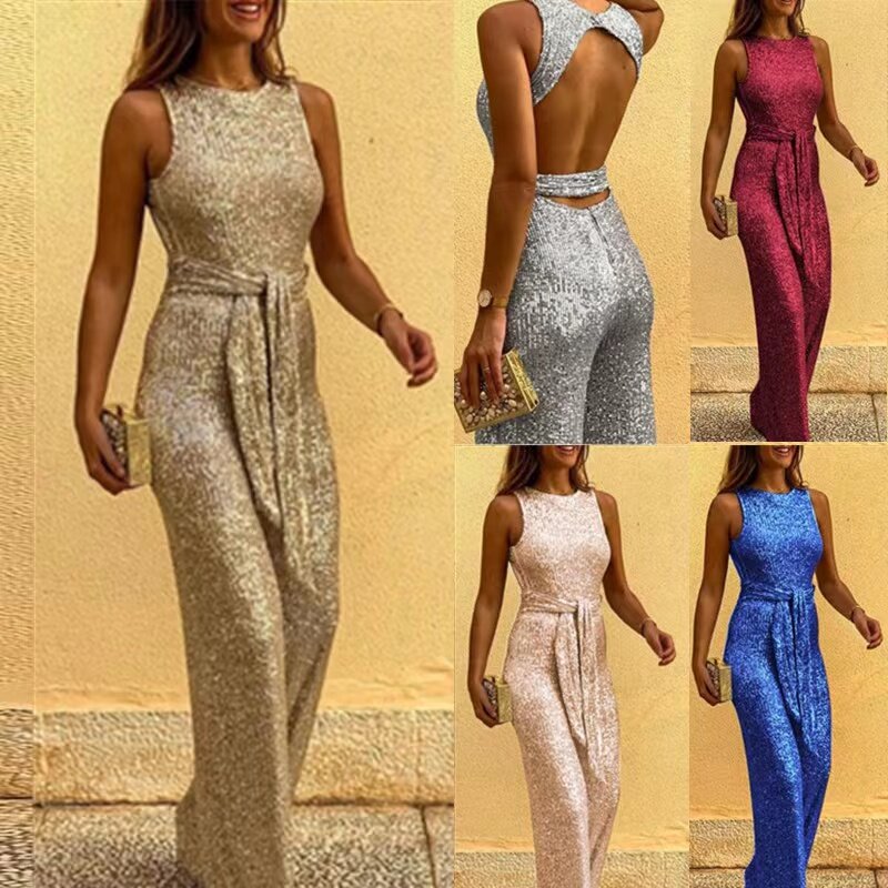 Beach Jumpsuits Full Pant Bandage Rompers Sequins Glitter Office Lady Women Sleeveless 2023 New Backless Sexy Banquet Party