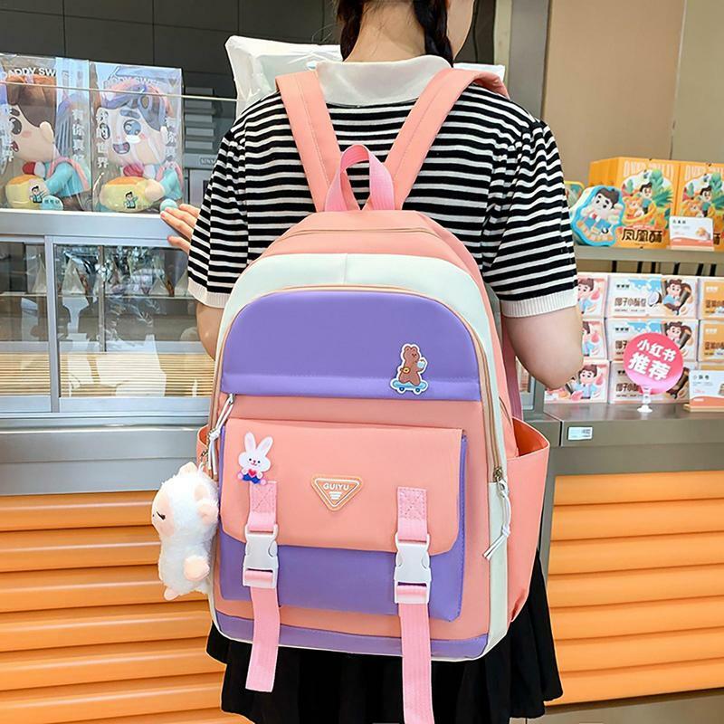 Aesthetic Backpacks 5 Pcs Canvas School Backpack Combo Set Schoolbag With Shoulder Bag Pencil Bag Waist Bag Multifunctional Teen