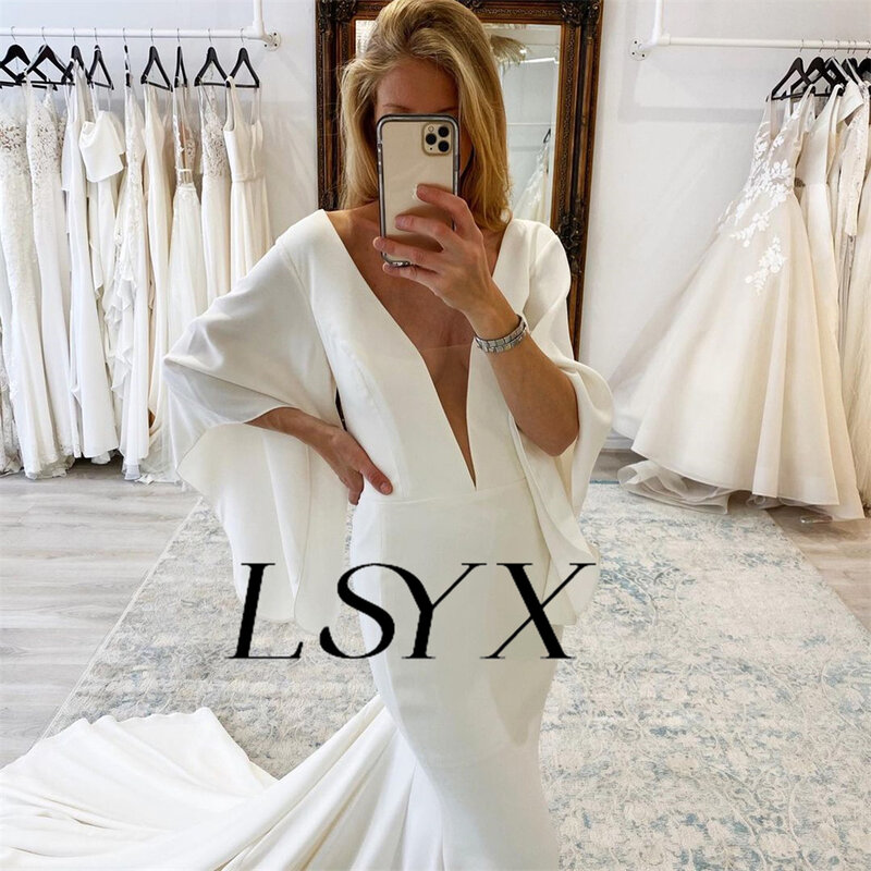 Женское атласное платье-Русалка LSYX, белое простое свадебное платье с длинными рукавами-фонариками, глубоким V-образным вырезом, открытой спиной и шлейфом, индивидуальный пошив