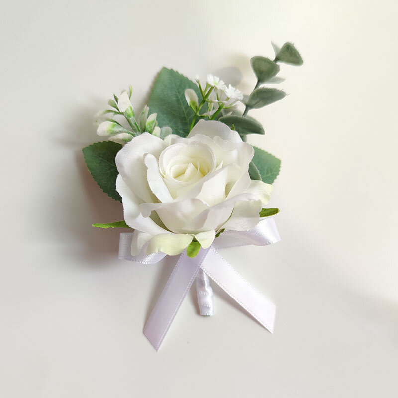Boutonniere Putih Pernikahan Korsase Bunga Buatan Mawar Merah Gelang untuk Pengiring Pengantin Pria Lubang Kancing Tamu Aksesoris Pernikahan