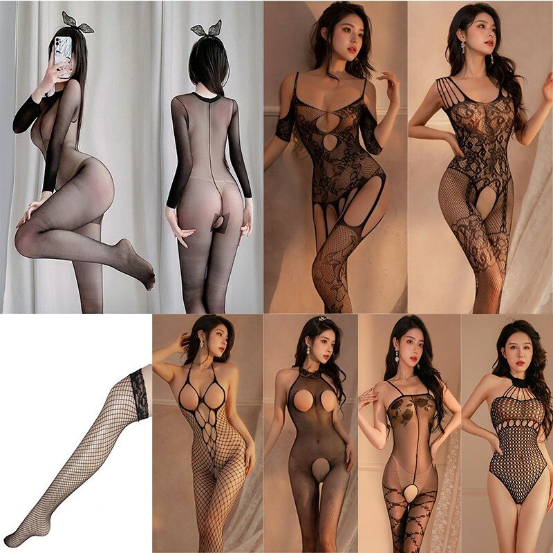 Macacão sexy para mulheres, meias mesh, rede de pesca, encadernação, roupas apertadas, faixa aberta, lingerie erótica, meia de corpo inteiro