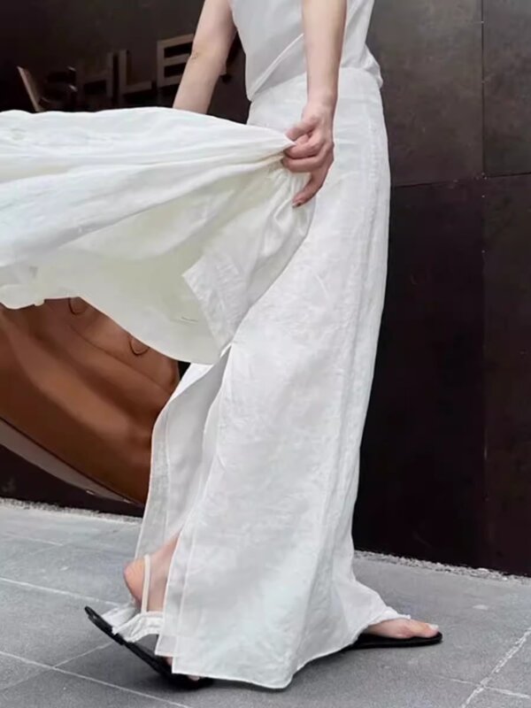 ADAgirl Vintage White Linen Maxi Skirt Straight Cotton High Waisted Split Casual Long Skirts for Women Office Lady Summer Skirt