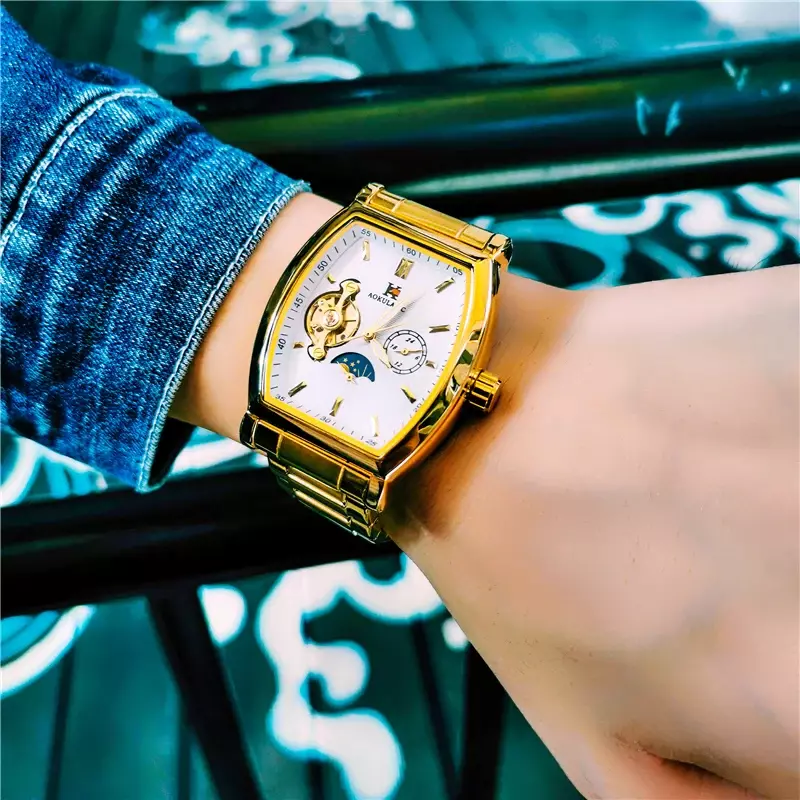 AOKULASIC New Man Luxury Fashion Mechanical Watch Men Sport Waterproof Automatic Watches Mens Tonneau Moon Phase Business Clocks
