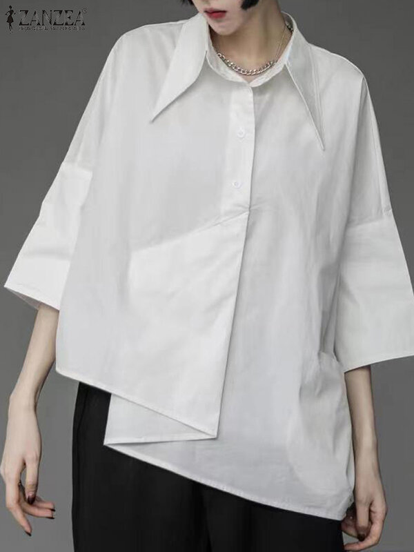 ZANZEA-camisa informal para mujer, blusa holgada de manga 3/4 con cuello de solapa, color liso, diseño asimétrico, para trabajo de oficina, Primavera